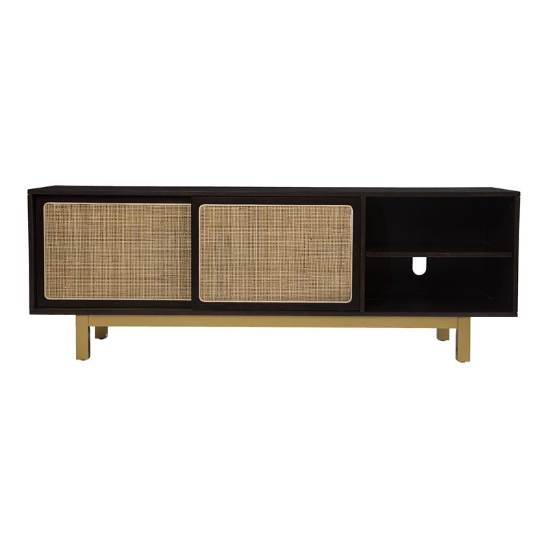 Bowery Hill Modern Sliding Door Media Stand in Brown-Gold-Natural