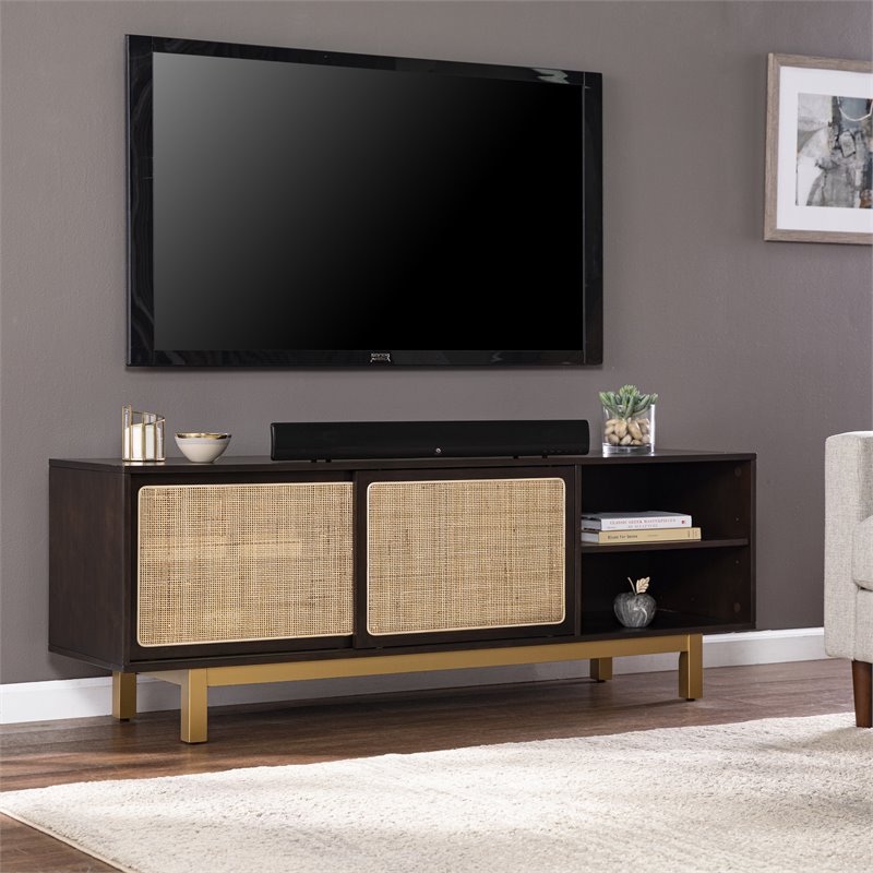 Bowery Hill Modern Sliding Door Media Stand in Brown-Gold-Natural