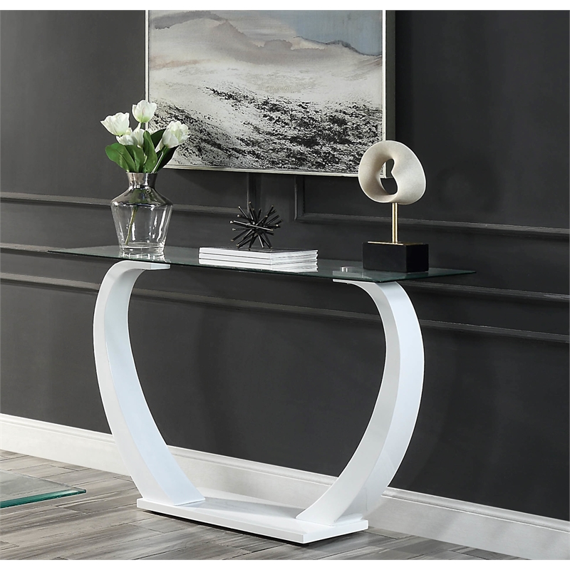 Bowery Hill Contemporary Glass Sofa Console Table with White Base
