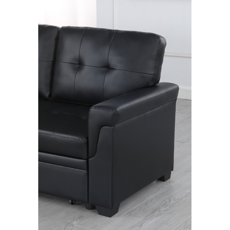 Bowery Hill Vegan Faux Leather Black Sleeper Sofa Rectangular Reversible Storage Chaise Unassembled