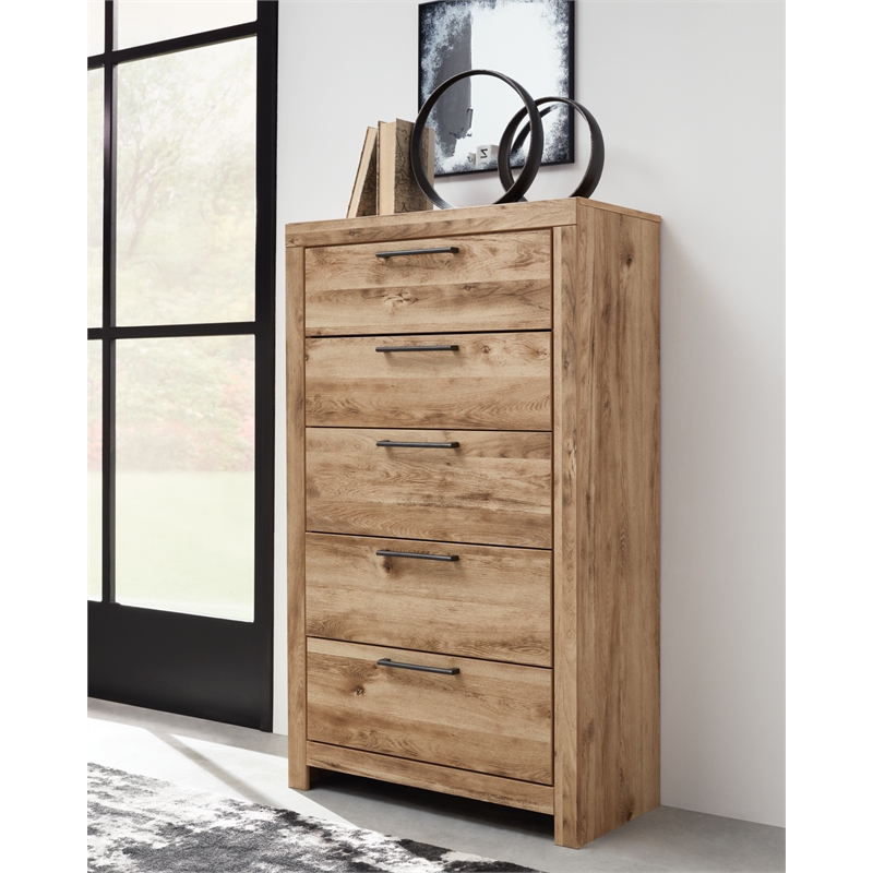 Bowery Hill Contemporary 5-Drawer Wood Chest in Tan/Golden Rustic