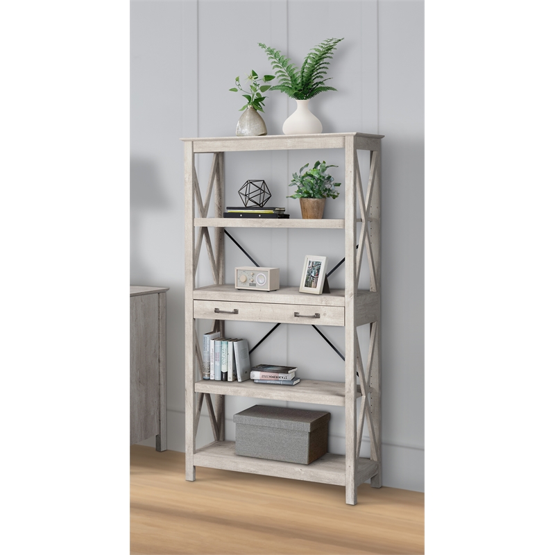 Bowery Hill Engineered Wood Four-Shelf Bookcase in Washed Gray
