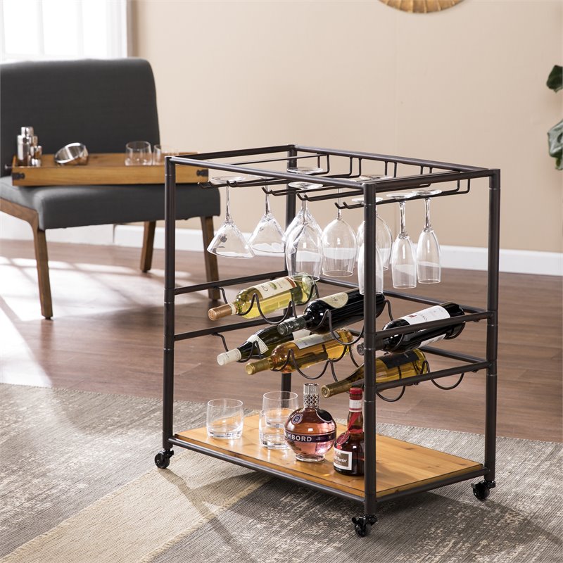 Bowery Hill Modern Tray Top Bar Cart in Black and Natural Finish