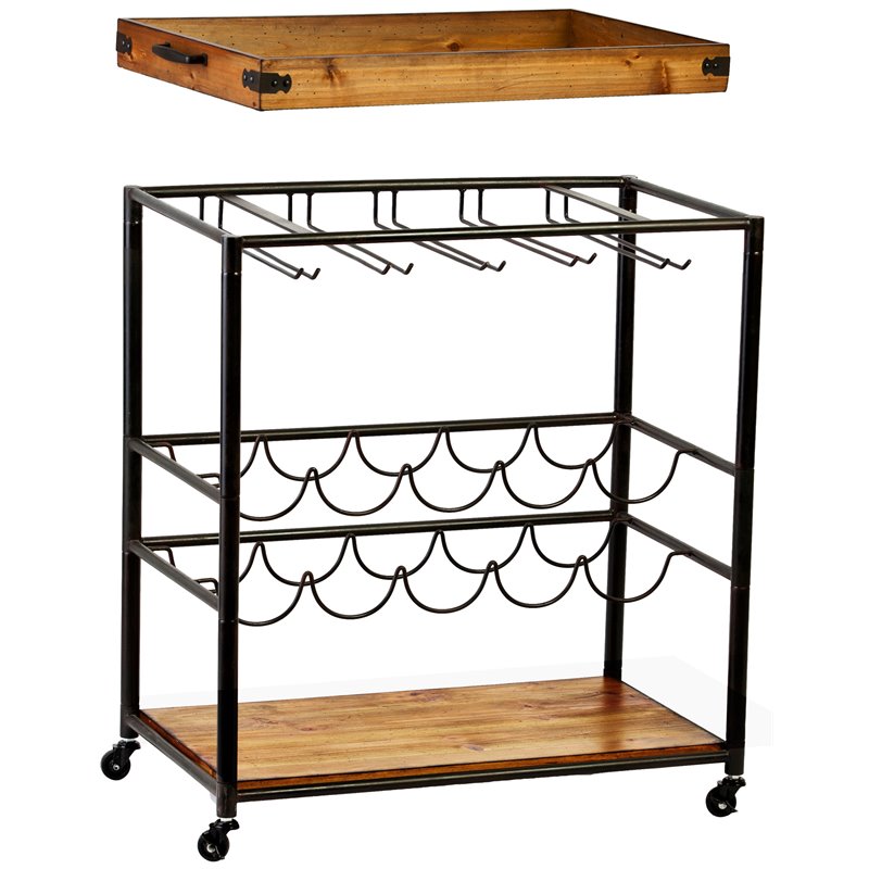 Bowery Hill Modern Tray Top Bar Cart in Black and Natural Finish