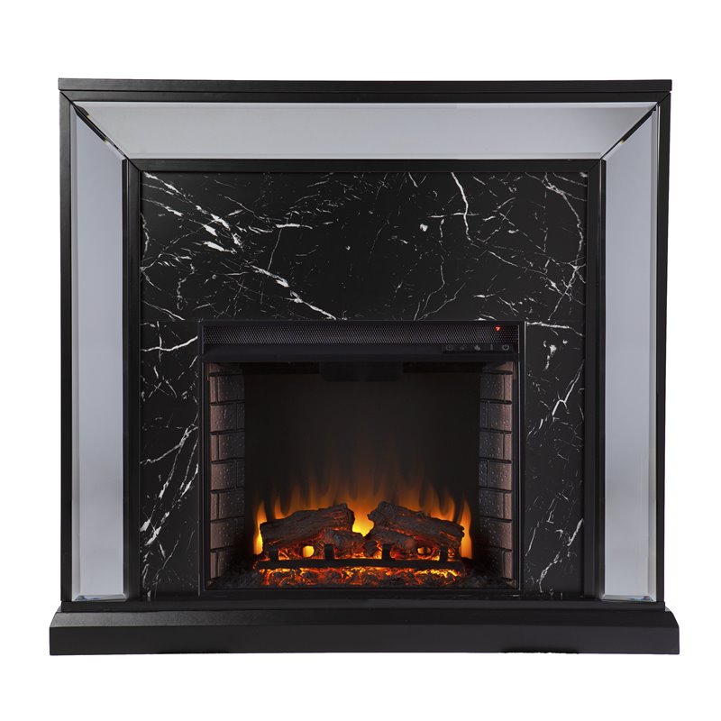 Bowery Hill Trandling Mirrored Faux Marble Wood Fireplace in Black/Silver