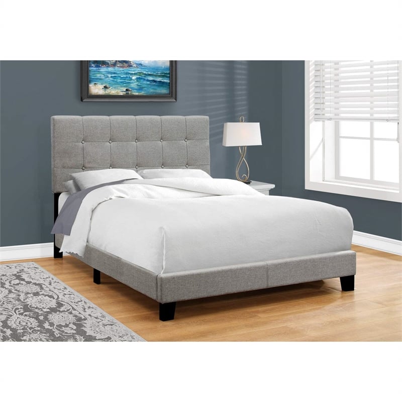 Bowery Hill Bed Full Size Platform Bedroom Frame Upholstered Linen Look Gray