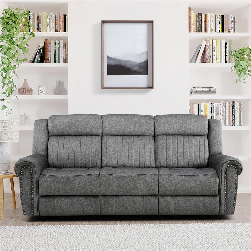 Bowery Hill Wood & Microfiber Power Double Reclining Sofa in Charcoal
