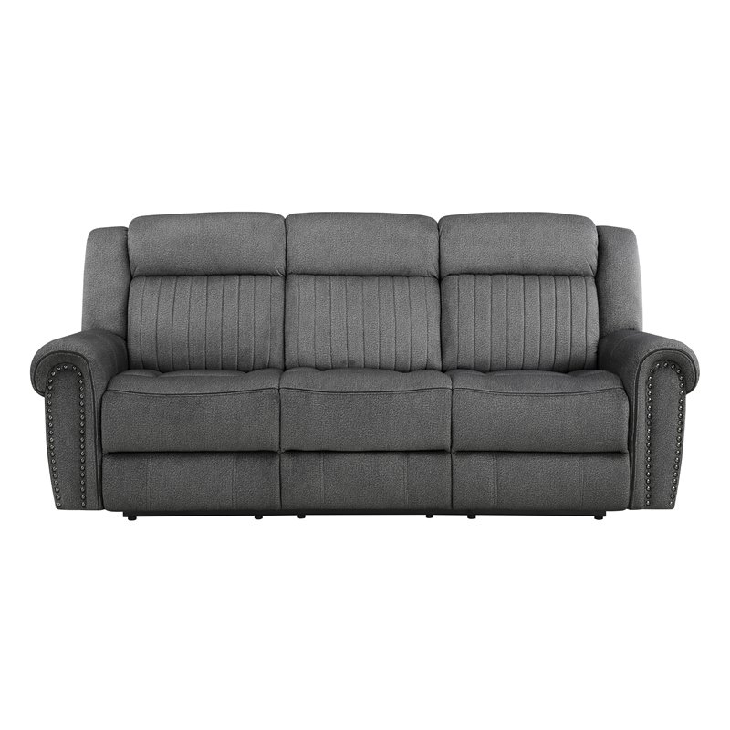 Bowery Hill Wood & Microfiber Power Double Reclining Sofa in Charcoal