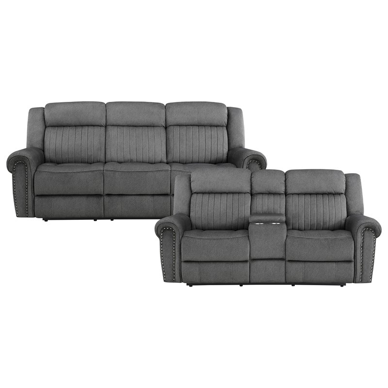 Bowery Hill Wood & Microfiber Power Double Reclining Sofa in Charcoal