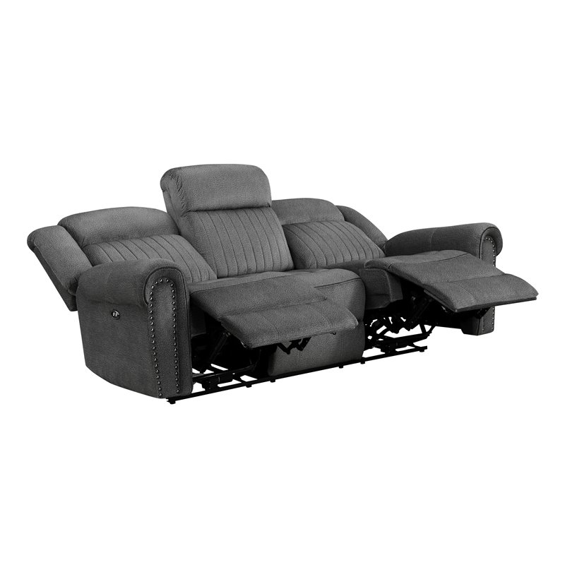 Bowery Hill Wood & Microfiber Power Double Reclining Sofa in Charcoal