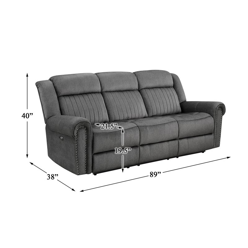 Bowery Hill Wood & Microfiber Power Double Reclining Sofa in Charcoal