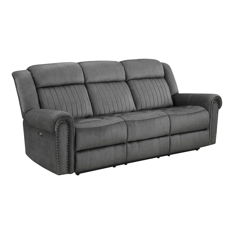 Bowery Hill Wood & Microfiber Power Double Reclining Sofa in Charcoal