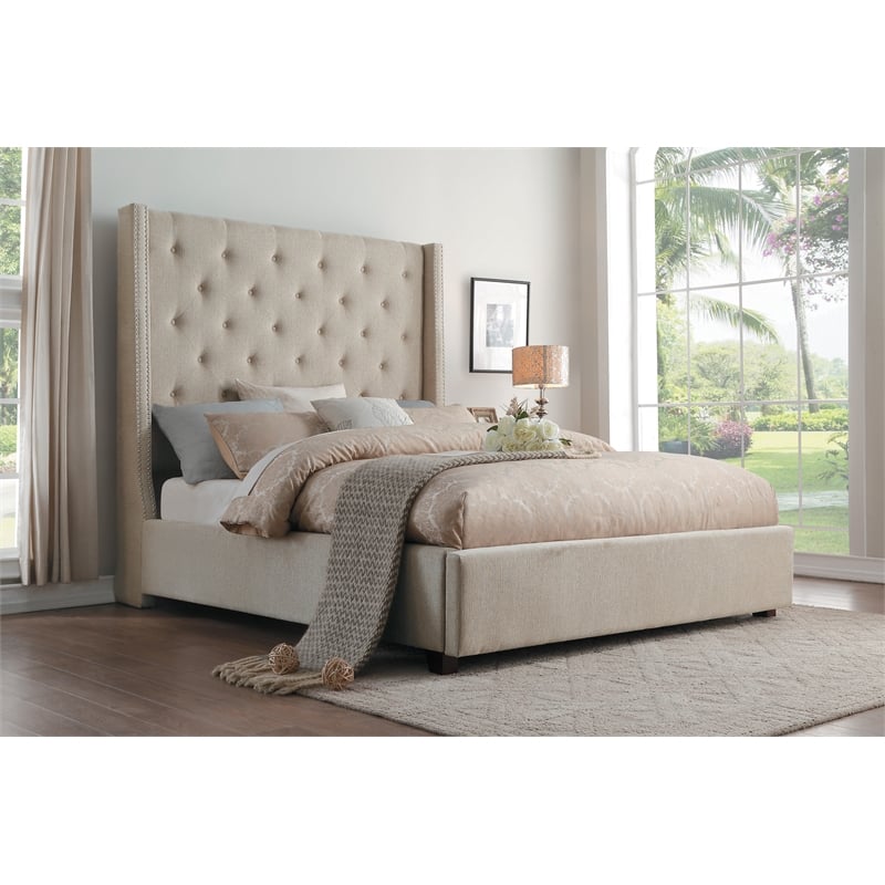 Bowery Hill Fairbon Tufted Upholstery Queen Bed in Beige Finish