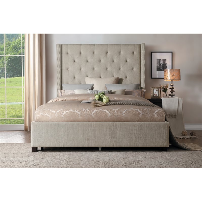 Bowery Hill Fairbon Tufted Upholstery Queen Bed in Beige Finish