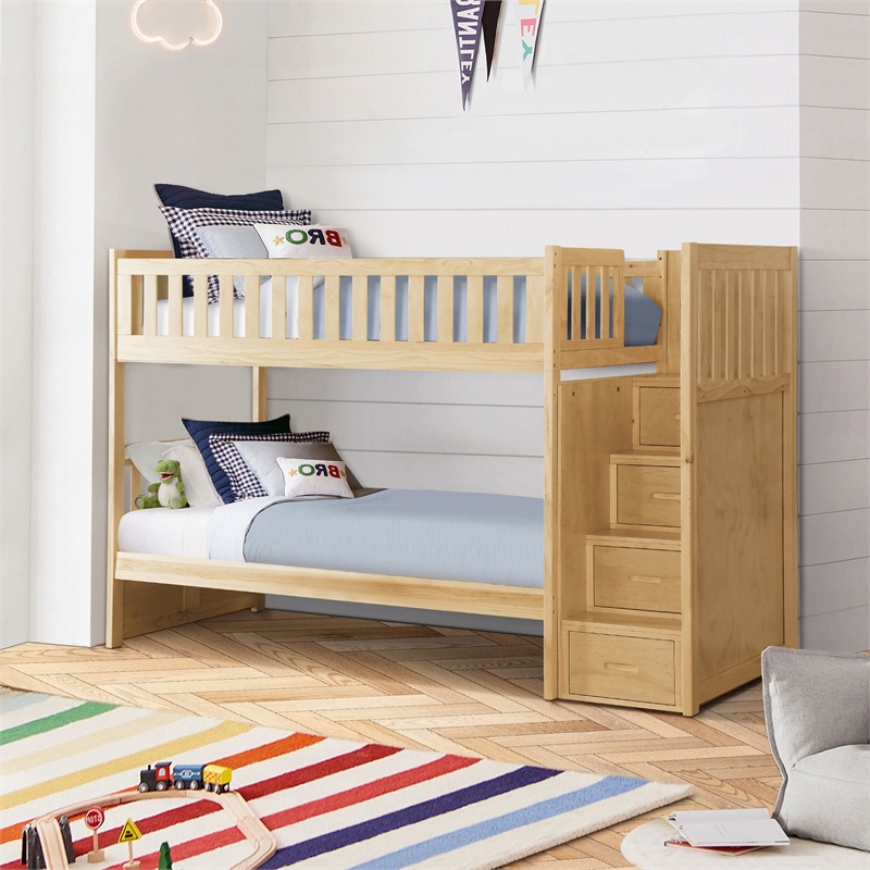 Bowery Hill Wood and MDF Board Twin/Twin Step Bunk Bed in Natural Pine