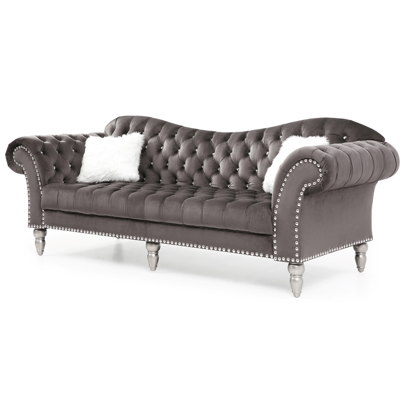 Bowery Hill Velvet Dark Gray Sofa Rectangular Deep Tufted Unassembled