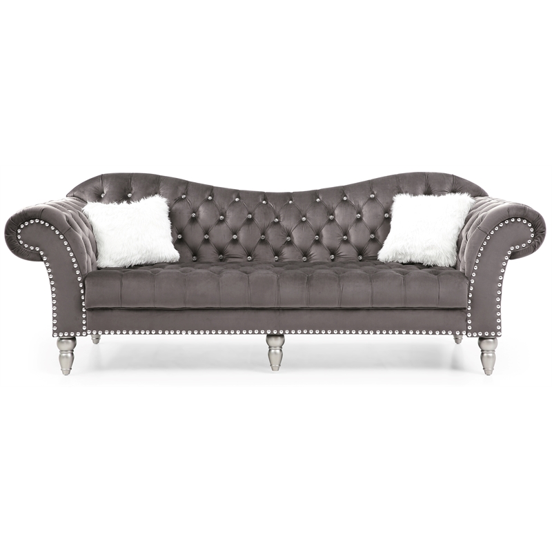 Bowery Hill Velvet Dark Gray Sofa Rectangular Deep Tufted Unassembled