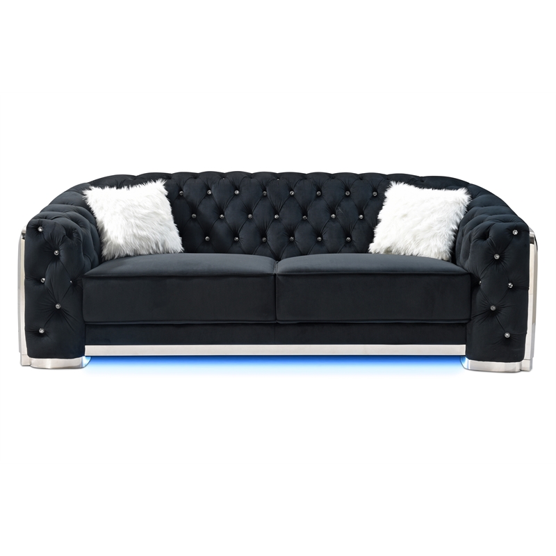 Bowery Hill Modern Black Velvet Sofa With LED Accent Lighting