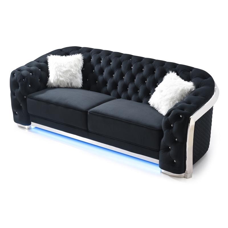 Bowery Hill Modern Black Velvet Sofa With LED Accent Lighting