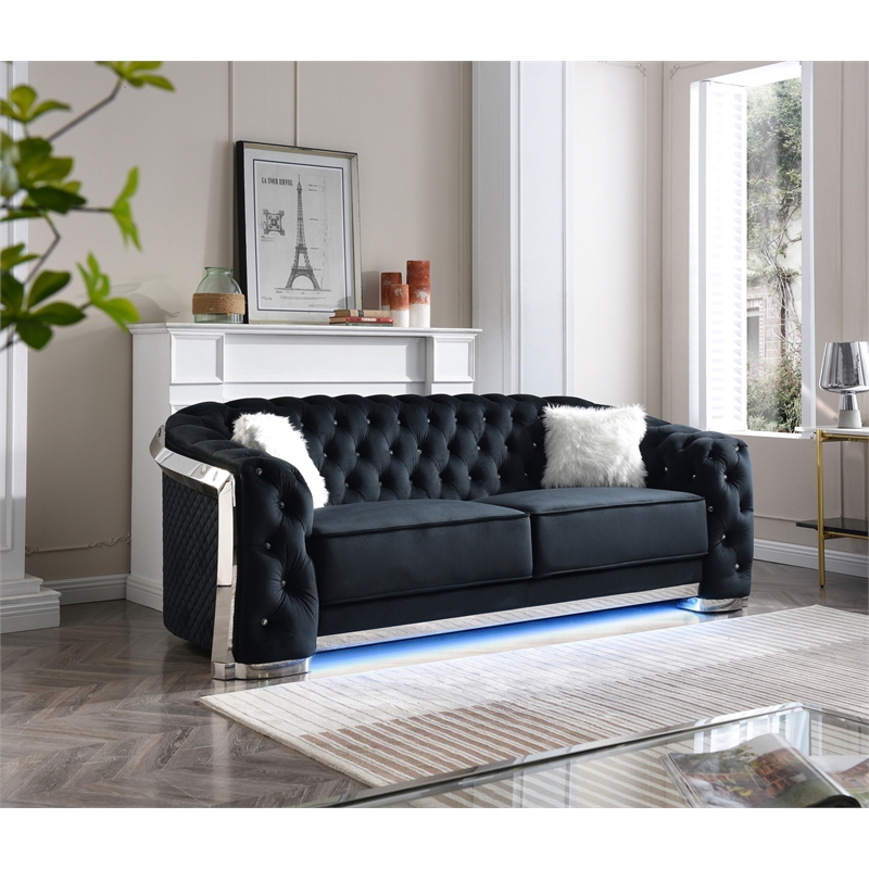 Bowery Hill Modern Black Velvet Sofa With LED Accent Lighting