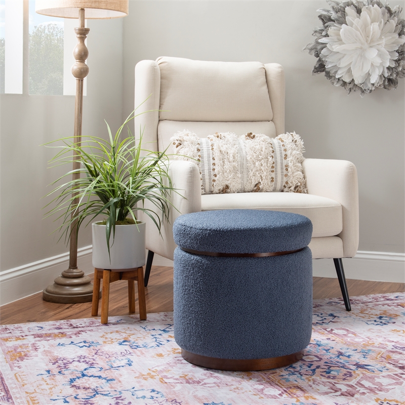 Bowery Hill Round Modern Fabric Padded Storage Ottoman in Blue Gray