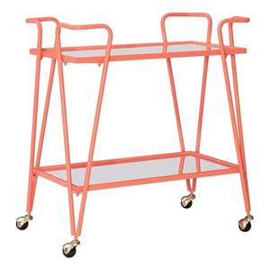 Bowery Hill Metal and Mirorred Mid Century Bar Cart in Coral Orange