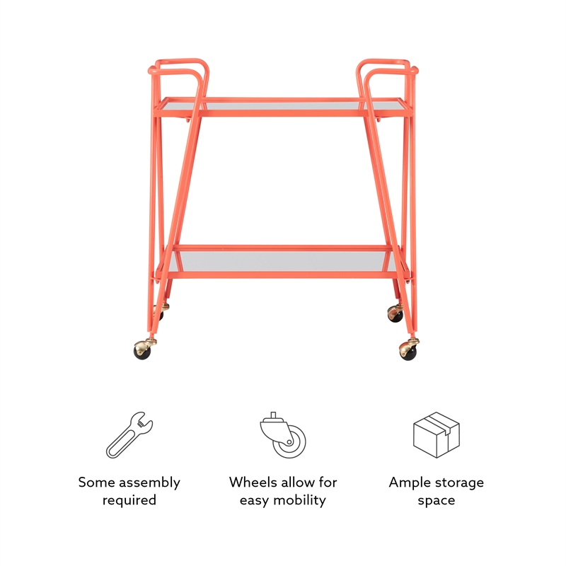 Bowery Hill Metal and Mirorred Mid Century Bar Cart in Coral Orange