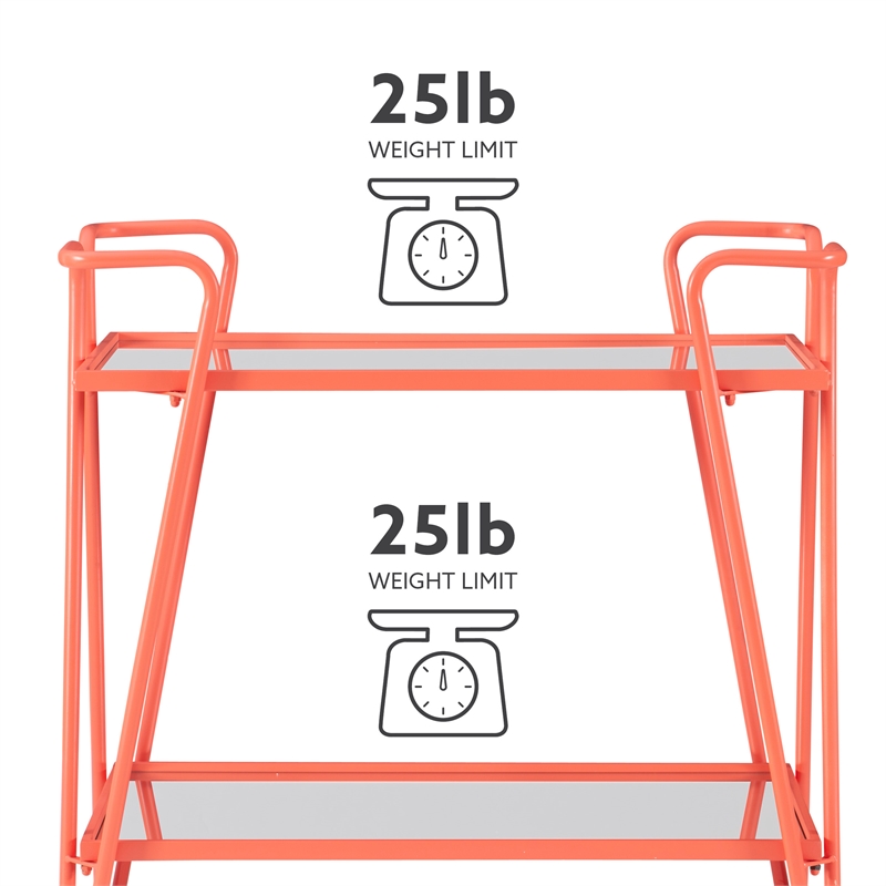 Bowery Hill Metal and Mirorred Mid Century Bar Cart in Coral Orange
