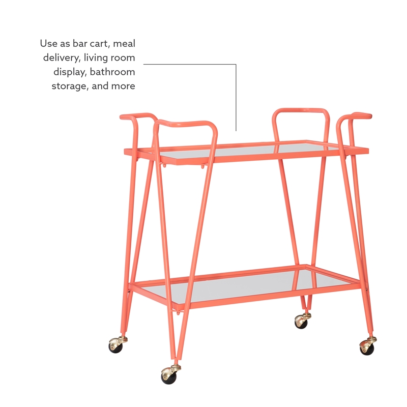 Bowery Hill Metal and Mirorred Mid Century Bar Cart in Coral Orange