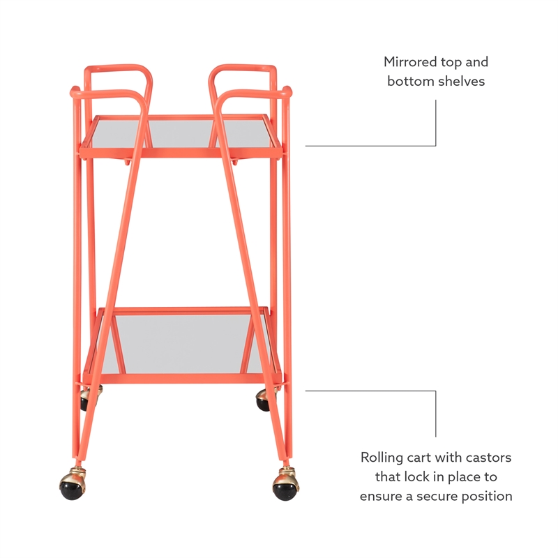 Bowery Hill Metal and Mirorred Mid Century Bar Cart in Coral Orange