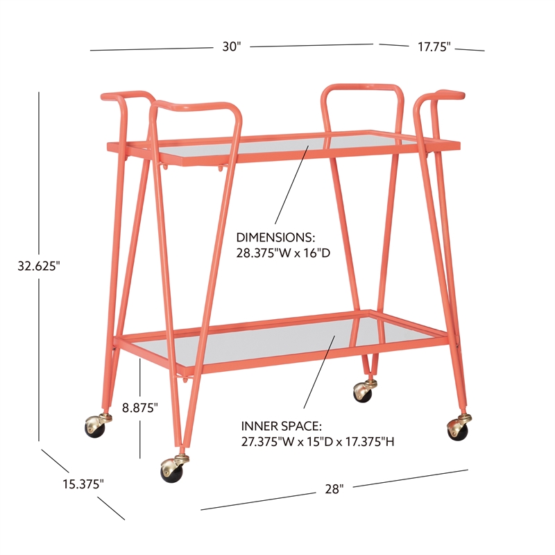 Bowery Hill Metal and Mirorred Mid Century Bar Cart in Coral Orange