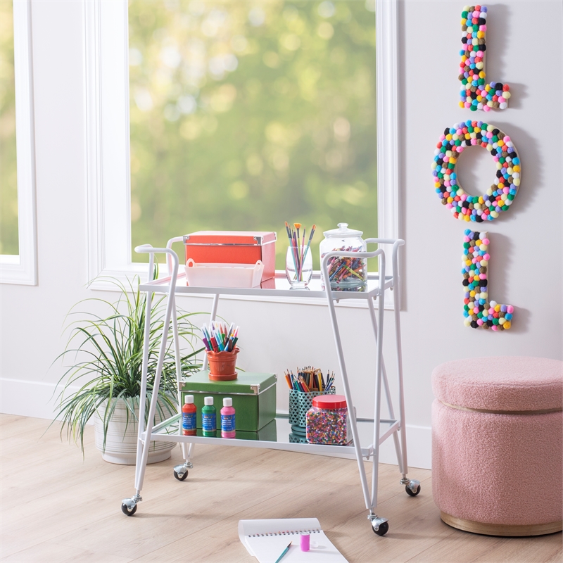 Bowery Hill Metal and Mirorred Mid Century Bar Cart in White