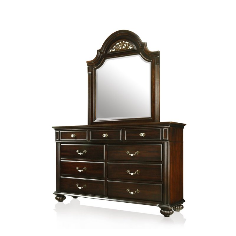 Bowery Hill 4pc Wood Bedroom Set - King+Nightstand+Dresser+Mirror in Walnut