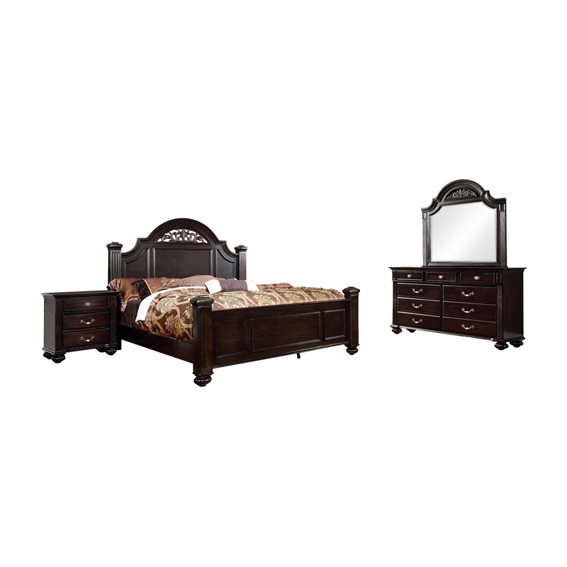 Bowery Hill 4pc Wood Bedroom Set - King+Nightstand+Dresser+Mirror in Walnut