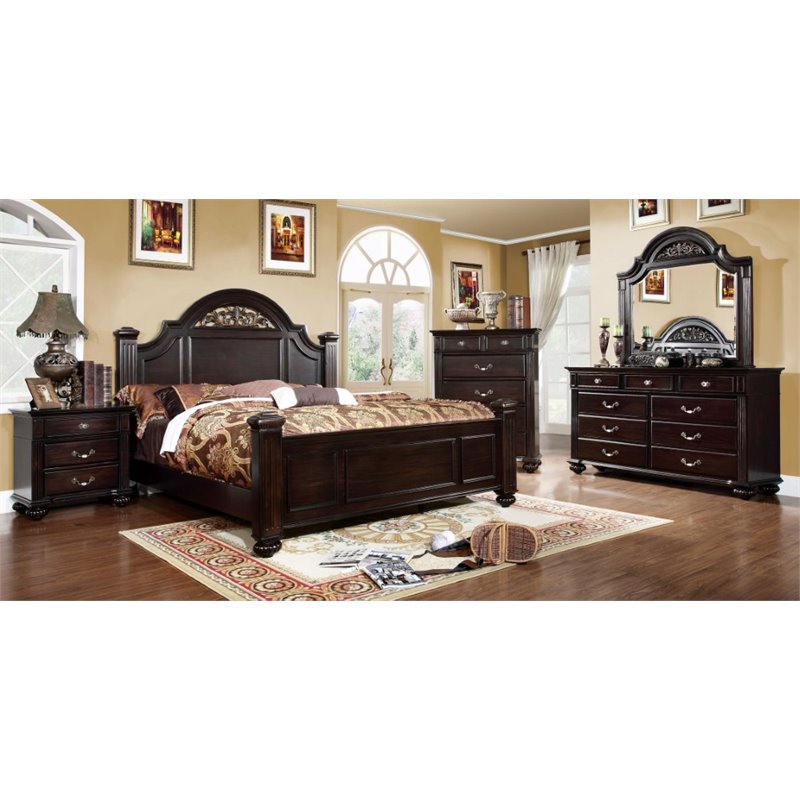 Bowery Hill 4pc Wood Bedroom Set - King+Nightstand+Dresser+Mirror in Walnut