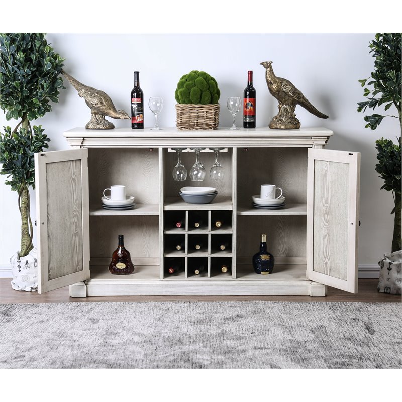 Bowery Hill Transitional Wood Wine Rack Buffet in Antique White