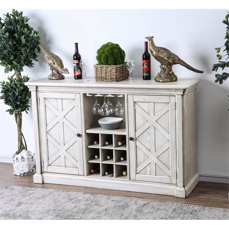 Bowery Hill Transitional Wood Wine Rack Buffet in Antique White