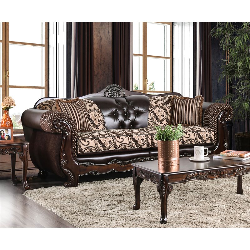 Bowery Hill Faux Leather Dark Brown Sofa Rectangular Button Tufted 93