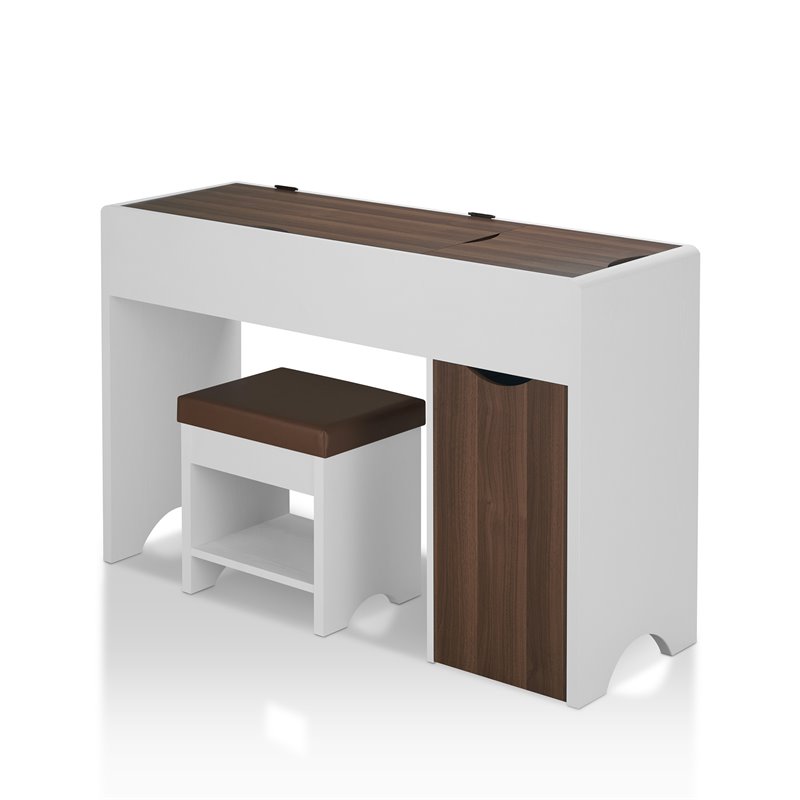 Bowery Hill Wood Walnut Vanity Table Rectangular Lift Top Mirror 47