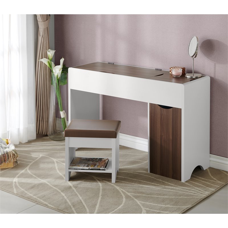 Bowery Hill Wood Walnut Vanity Table Rectangular Lift Top Mirror 47