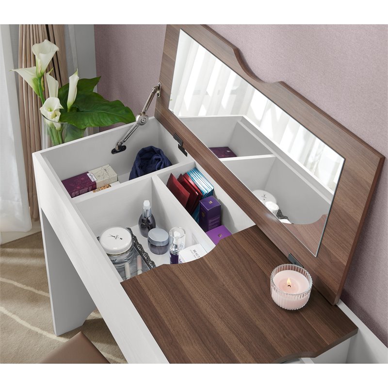 Bowery Hill Wood Walnut Vanity Table Rectangular Lift Top Mirror 47
