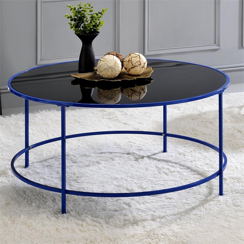 Bowery Hill Contemporary Glass Top Round Coffee Table in Blue