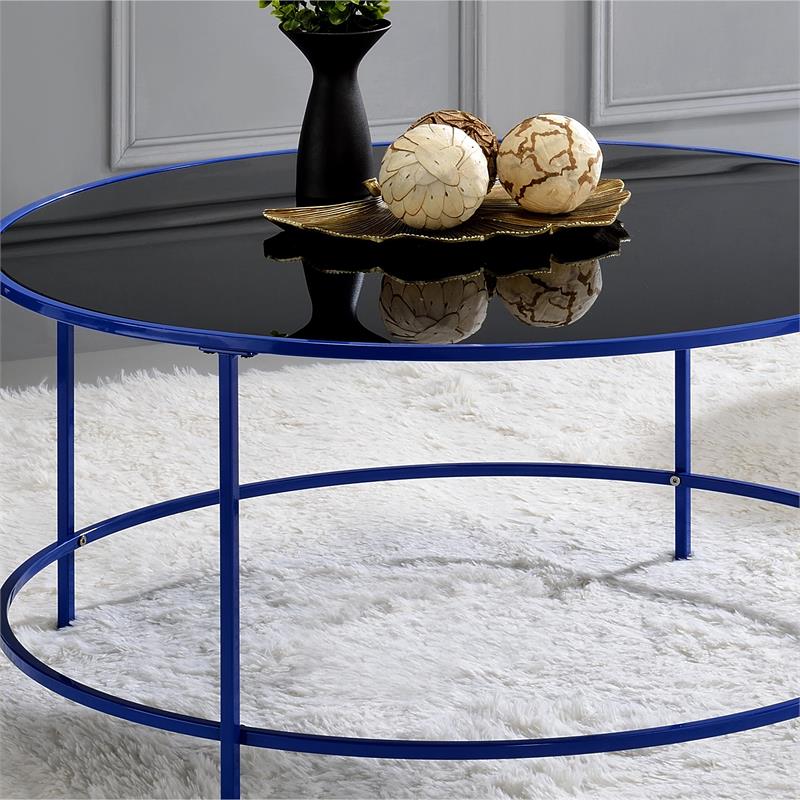 Bowery Hill Contemporary Glass Top Round Coffee Table in Blue