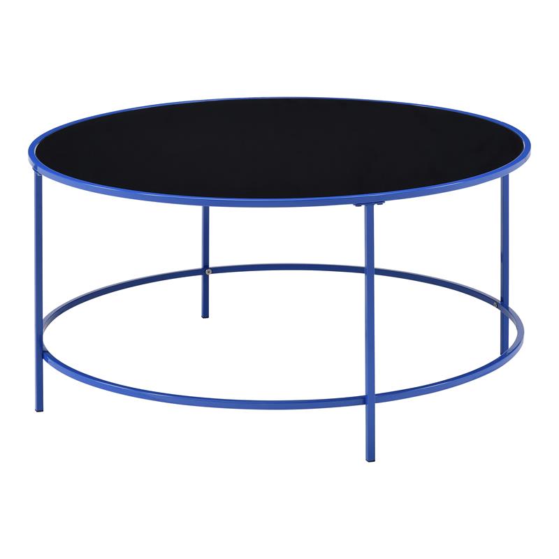 Bowery Hill Contemporary Glass Top Round Coffee Table in Blue