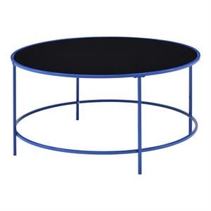 Bowery Hill Contemporary Glass Top Round Coffee Table in Blue
