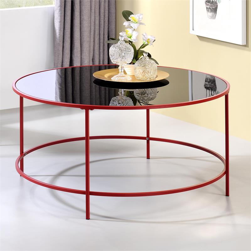 Bowery Hill Contemporary Glass Top Round Coffee Table in Red