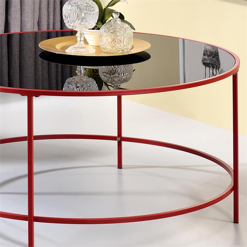 Bowery Hill Contemporary Glass Top Round Coffee Table in Red