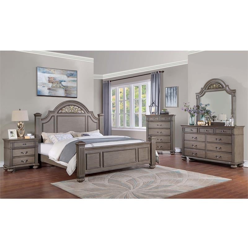 Bowery Hill 6-Drawer Traditional Solid Wood Chest in Gray/Antique Brass