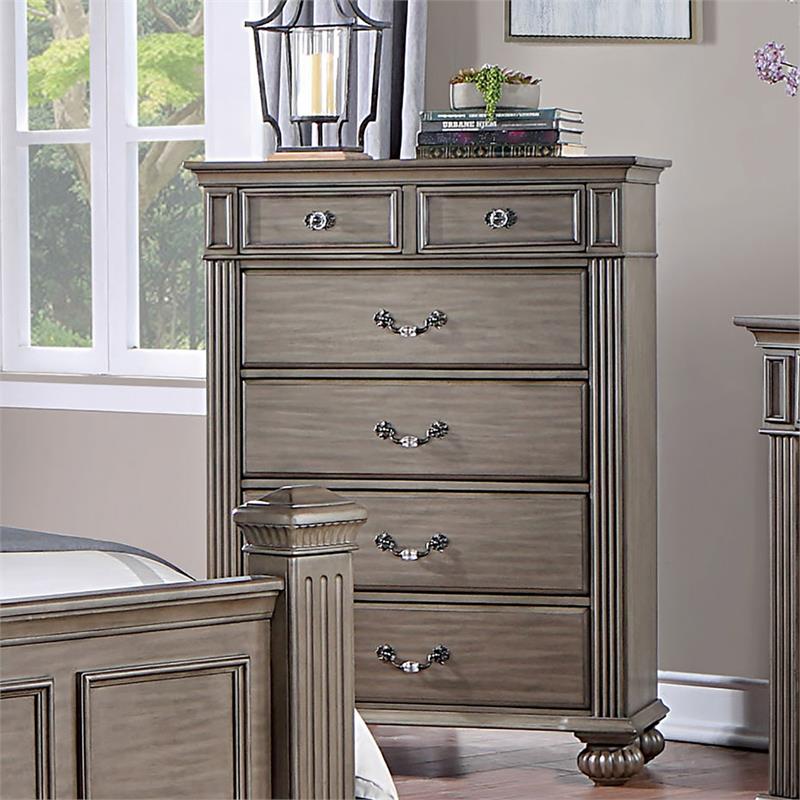 Bowery Hill 6-Drawer Traditional Solid Wood Chest in Gray/Antique Brass