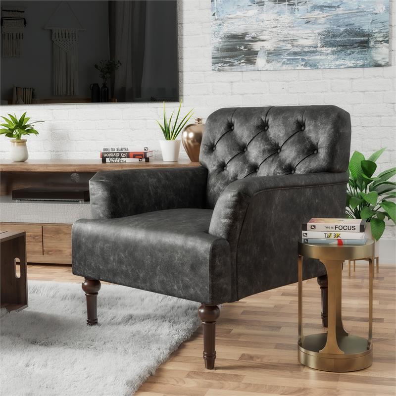Bowery Hill Leith Faux Leather Tufted Accent Chair in Gray Finish